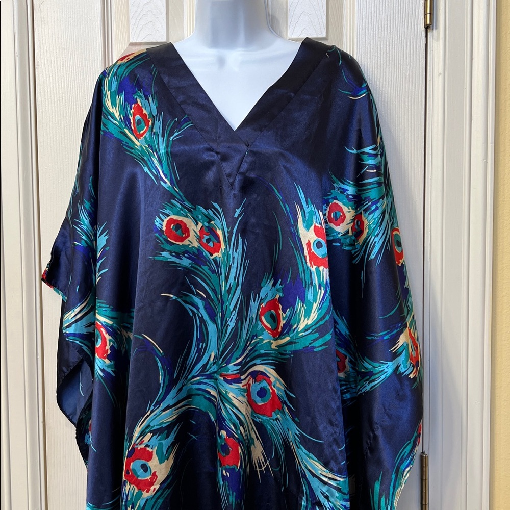 Winlar Womens Navy Blue Peacock Feather Satin Caftan Sz OS Artsy Resort Cruise